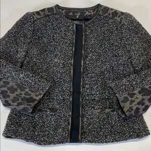 Elie Tahari Wool Boucle Jacket Leather Trim Black Animal Print Womens Size 4